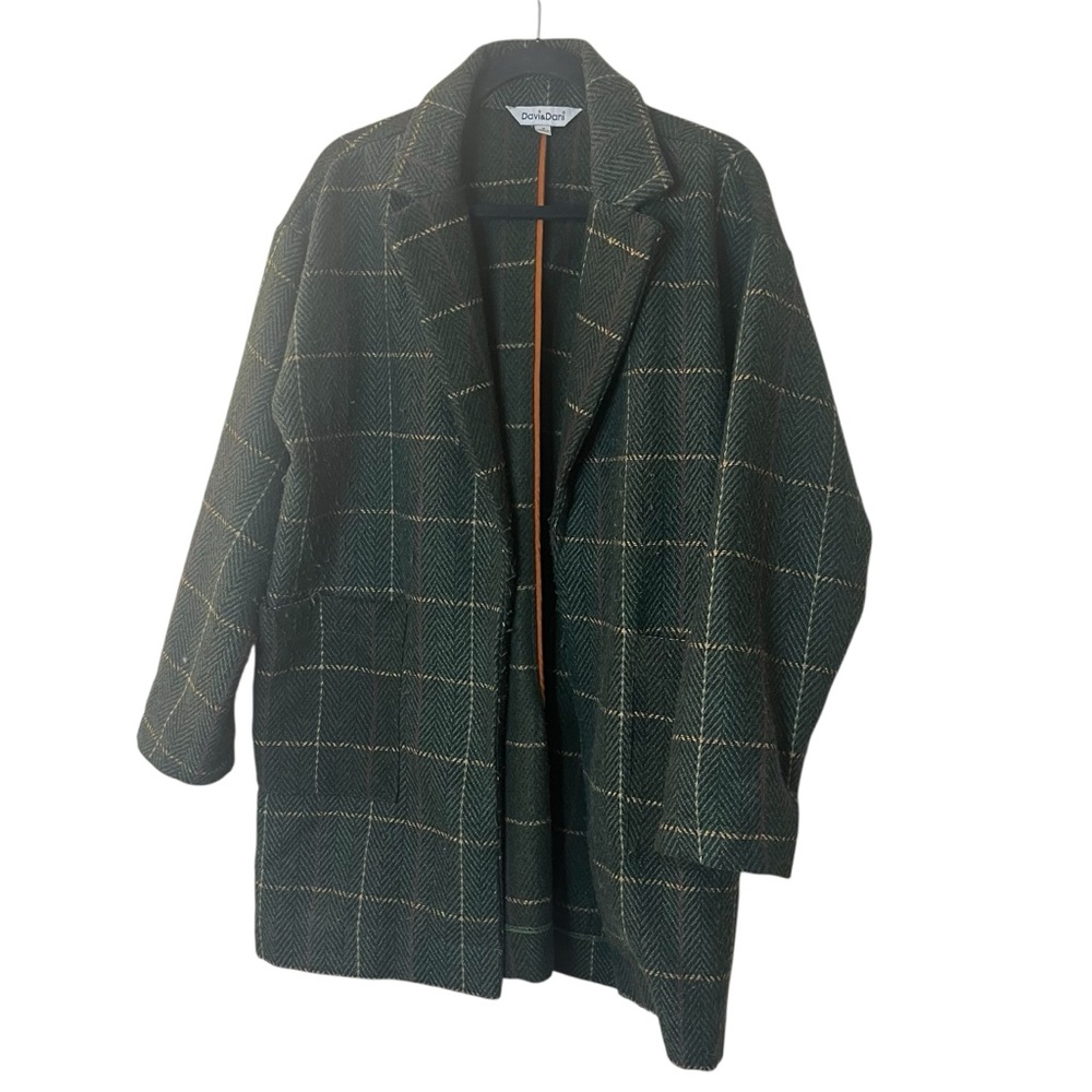 DAVI & DANI Dark Green Plaid Open-Front Wool Blend  Blazer Sz M